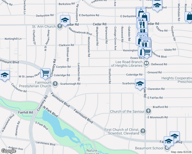 map of restaurants, bars, coffee shops, grocery stores, and more near 2980 Coleridge Road in Cleveland Heights