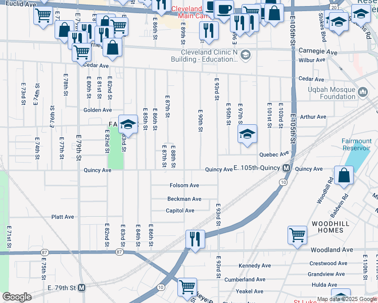 map of restaurants, bars, coffee shops, grocery stores, and more near 2335 East 89th Street in Cleveland