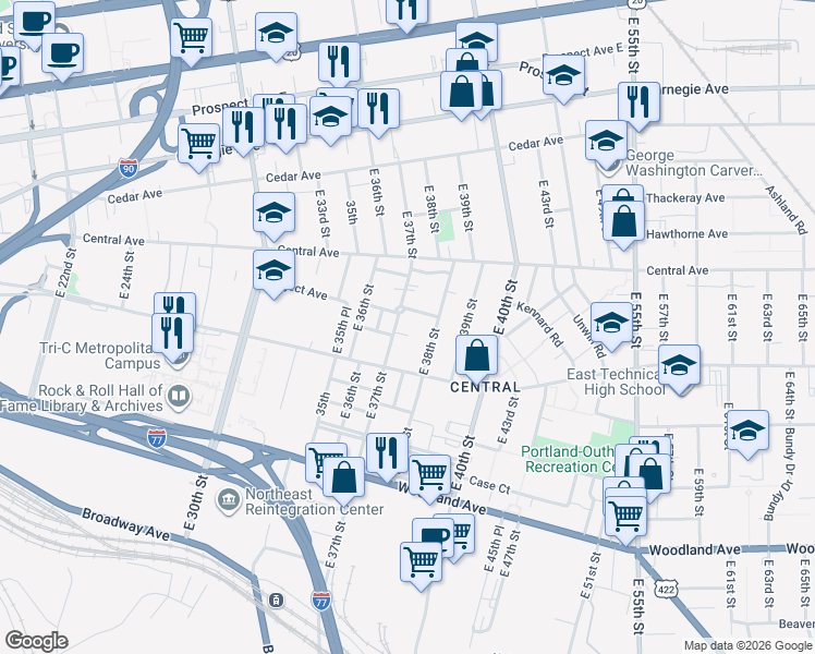 map of restaurants, bars, coffee shops, grocery stores, and more near 2378 East 38th Street in Cleveland