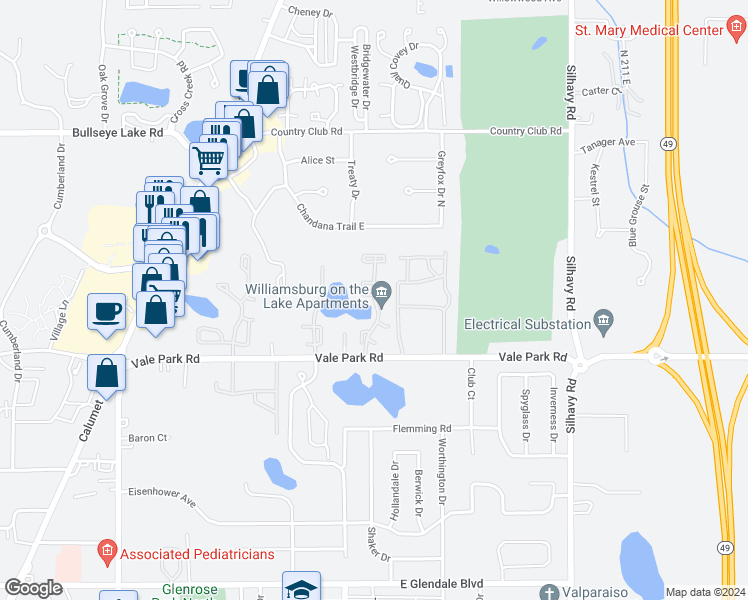 map of restaurants, bars, coffee shops, grocery stores, and more near 2909 Winchester Drive in Valparaiso