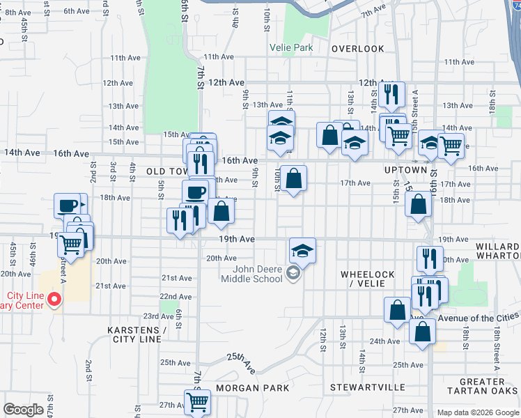 map of restaurants, bars, coffee shops, grocery stores, and more near 1817 10th Street in Moline
