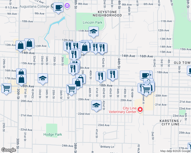 map of restaurants, bars, coffee shops, grocery stores, and more near 1536 41st Street in Rock Island