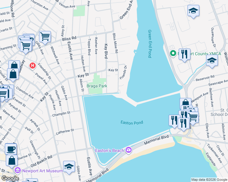 map of restaurants, bars, coffee shops, grocery stores, and more near 78 Ellery Road in Newport