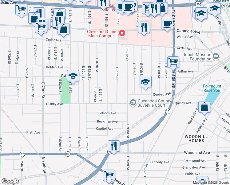 map of restaurants, bars, coffee shops, grocery stores, and more near 2335 East 89th Street in Cleveland