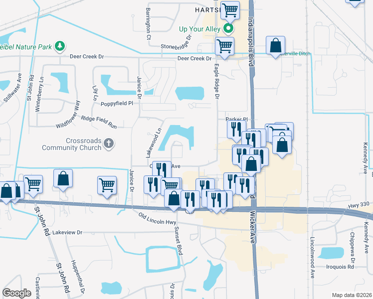 map of restaurants, bars, coffee shops, grocery stores, and more near 1533 Rosewood Lane in Schererville