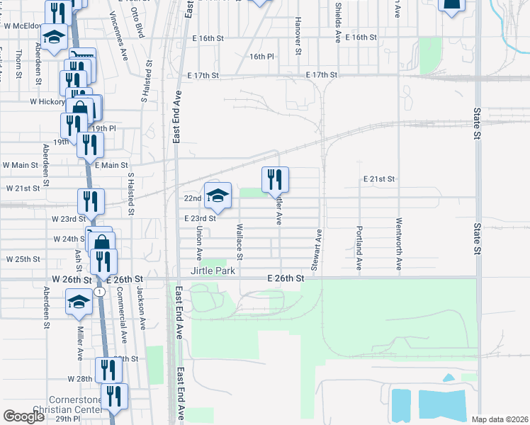 map of restaurants, bars, coffee shops, grocery stores, and more near 211 East 23rd Street in Chicago Heights