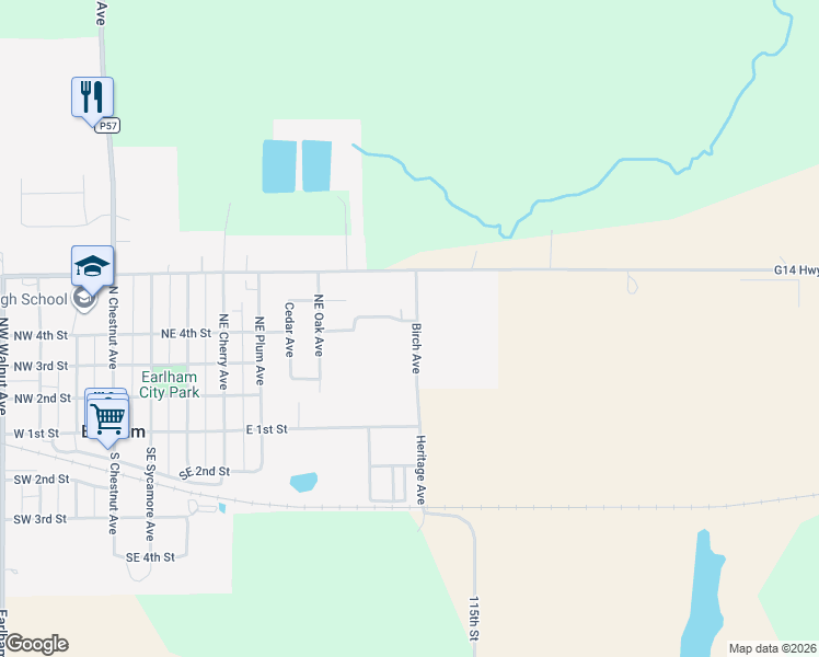 map of restaurants, bars, coffee shops, grocery stores, and more near 415 Birch Avenue in Earlham