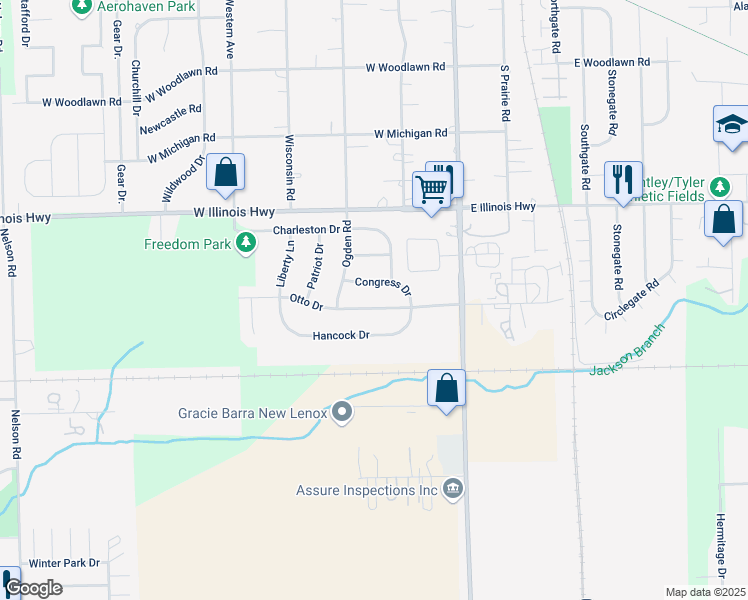 map of restaurants, bars, coffee shops, grocery stores, and more near 247 Otto Drive in New Lenox