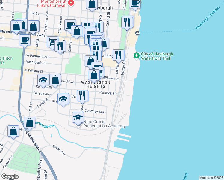 map of restaurants, bars, coffee shops, grocery stores, and more near 1 Colden Street in Newburgh