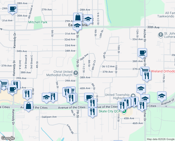 map of restaurants, bars, coffee shops, grocery stores, and more near 3669 8th Street in East Moline