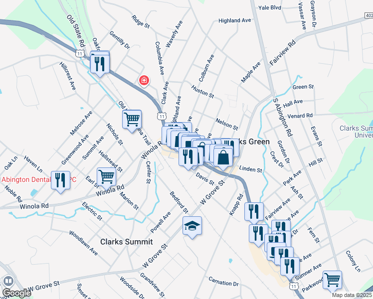map of restaurants, bars, coffee shops, grocery stores, and more near 219 South State Street in Clarks Summit