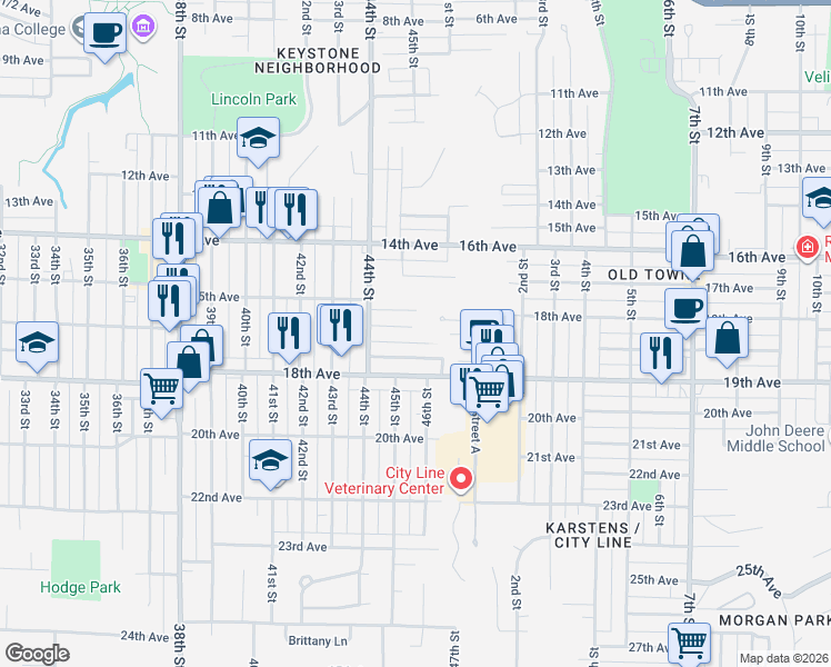 map of restaurants, bars, coffee shops, grocery stores, and more near 4515 17th Avenue in Rock Island