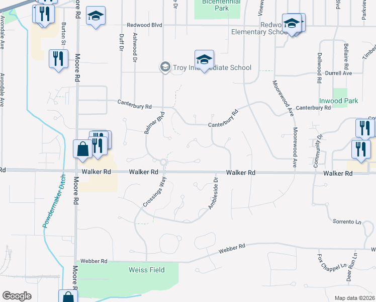 map of restaurants, bars, coffee shops, grocery stores, and more near 33194 Brookcrest Place in Avon Lake