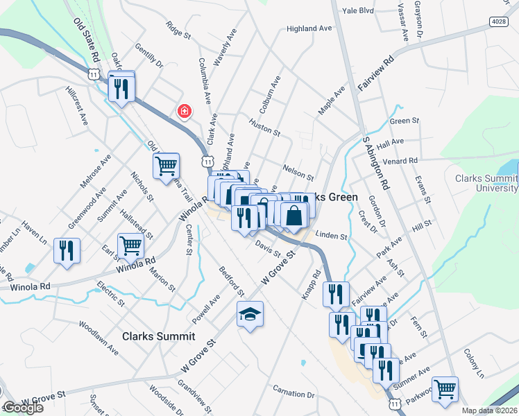 map of restaurants, bars, coffee shops, grocery stores, and more near 101-199 Stone Avenue in Clarks Summit