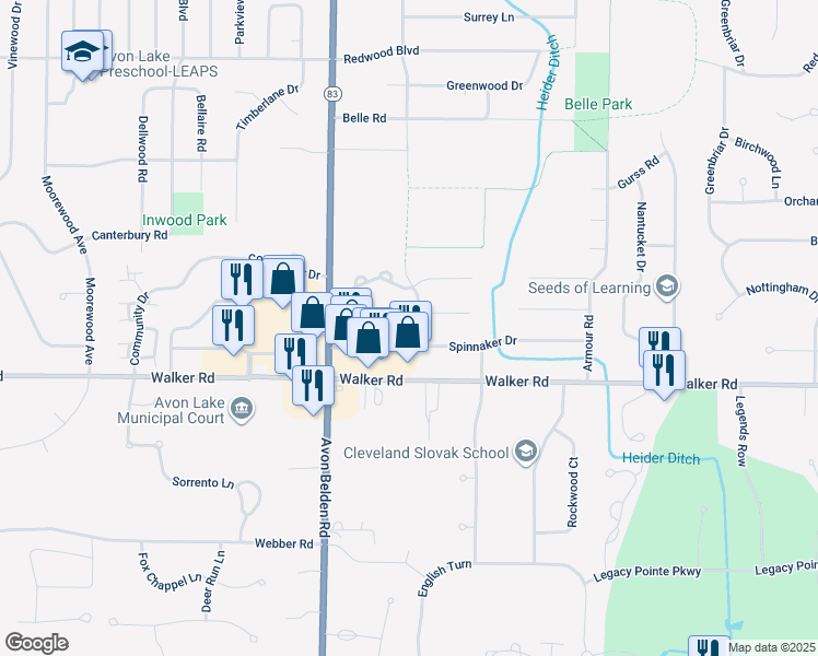 map of restaurants, bars, coffee shops, grocery stores, and more near 90 Landings Way in Avon Lake