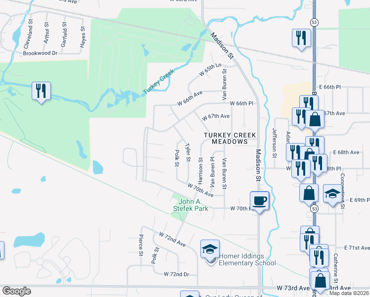 map of restaurants, bars, coffee shops, grocery stores, and more near 6823 Tyler St in Merrillville