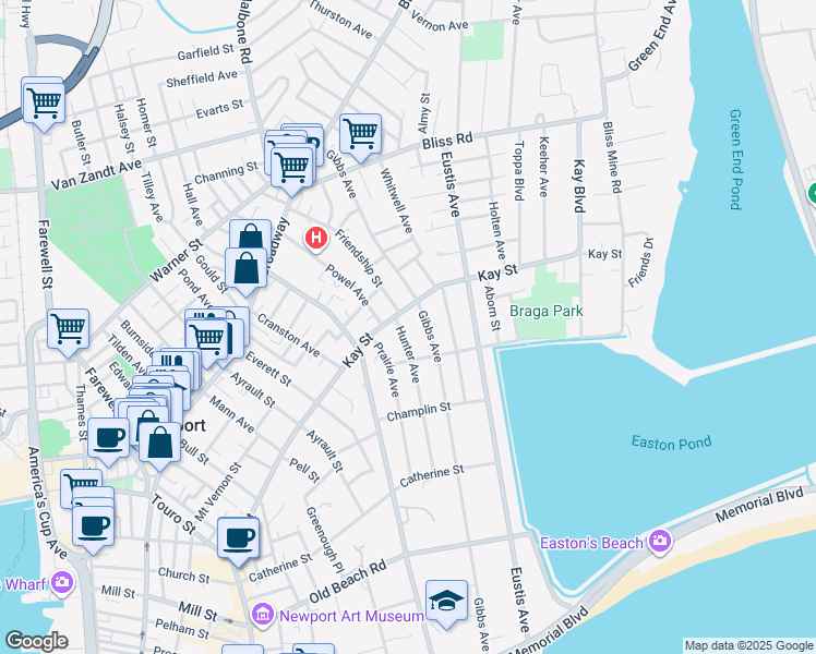 map of restaurants, bars, coffee shops, grocery stores, and more near 6 Hunter Avenue in Newport