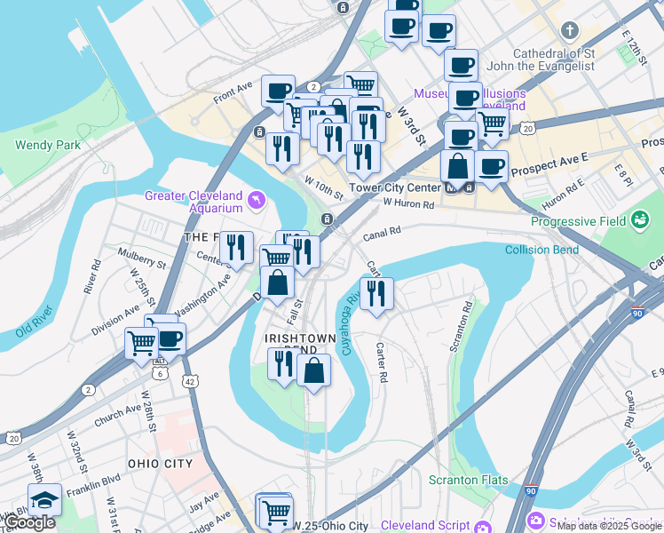 map of restaurants, bars, coffee shops, grocery stores, and more near 4447 West Street in Cleveland