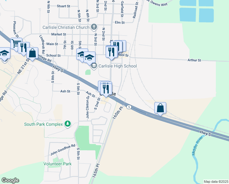 map of restaurants, bars, coffee shops, grocery stores, and more near 208 South Garfield Street in Carlisle