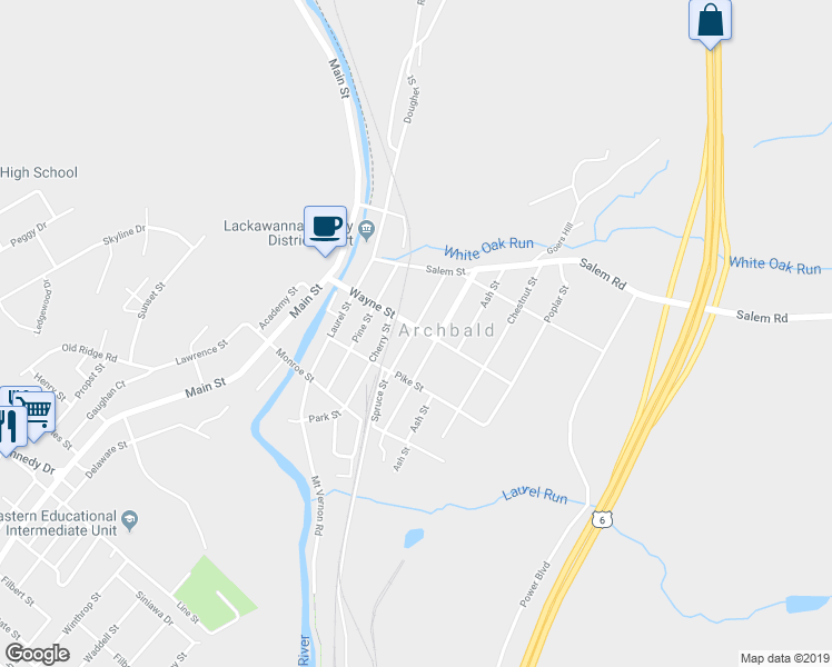 map of restaurants, bars, coffee shops, grocery stores, and more near 153 Spruce Street in Archbald