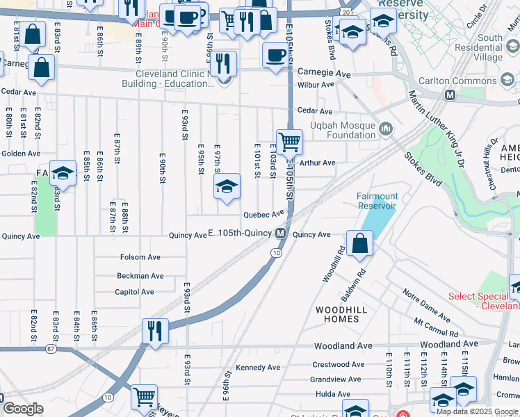 map of restaurants, bars, coffee shops, grocery stores, and more near 2326 East 103rd Street in Cleveland