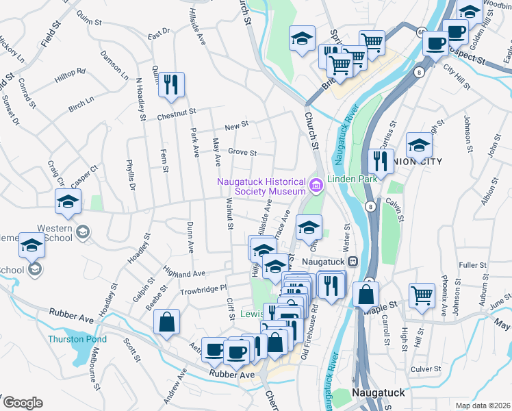 map of restaurants, bars, coffee shops, grocery stores, and more near 29 Sweeney Street in Naugatuck
