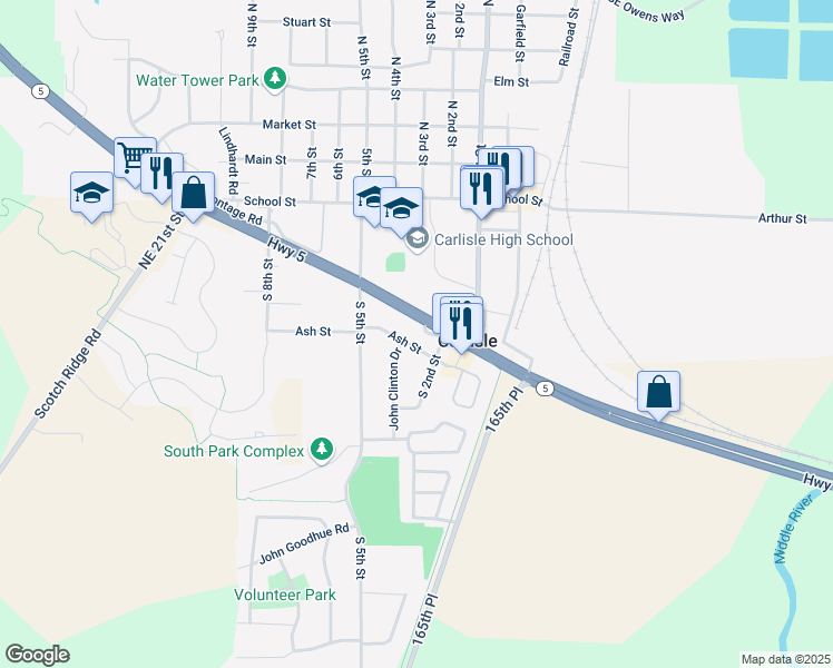 map of restaurants, bars, coffee shops, grocery stores, and more near 225 Ash Street in Carlisle