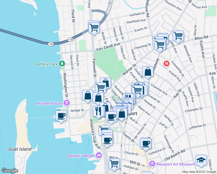 map of restaurants, bars, coffee shops, grocery stores, and more near 80 Tilden Avenue in Newport