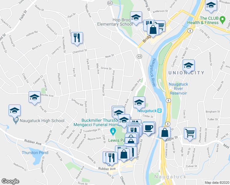 map of restaurants, bars, coffee shops, grocery stores, and more near 29 Sweeney Street in Naugatuck