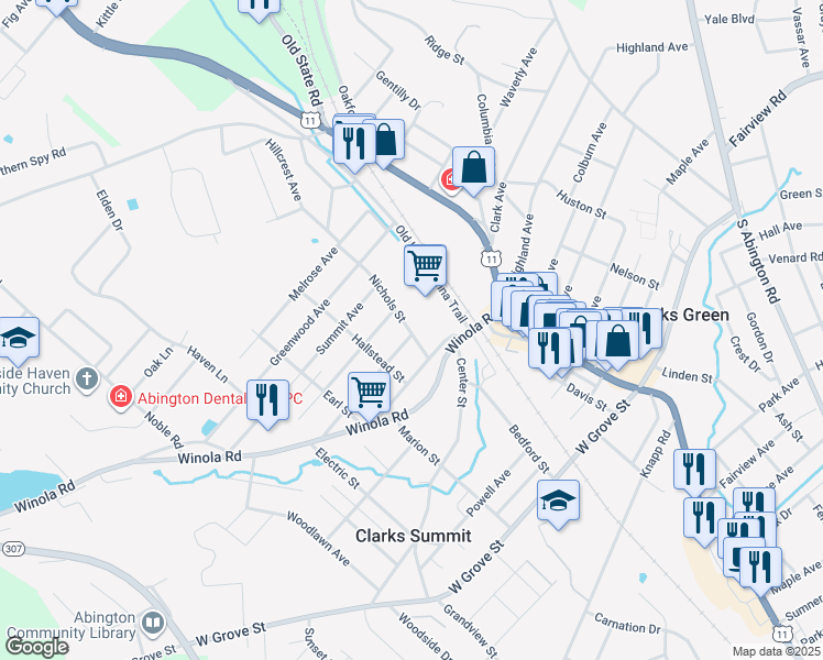 map of restaurants, bars, coffee shops, grocery stores, and more near 116-118 Nichols Street in Clarks Summit