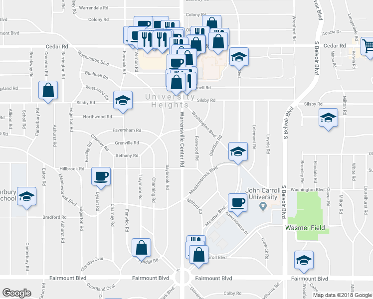 map of restaurants, bars, coffee shops, grocery stores, and more near 2386 Fenwood Road in University Heights