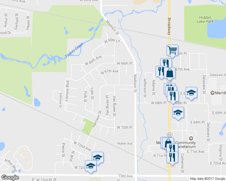 map of restaurants, bars, coffee shops, grocery stores, and more near 6778 Van Buren Street in Merrillville