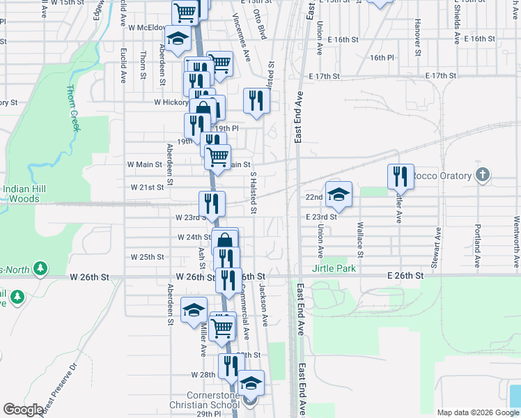map of restaurants, bars, coffee shops, grocery stores, and more near 2212 South Halsted Street in Chicago Heights