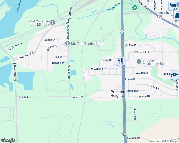 map of restaurants, bars, coffee shops, grocery stores, and more near 200 Keuka Street in Joliet