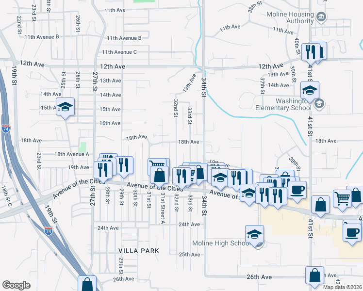 map of restaurants, bars, coffee shops, grocery stores, and more near 1819 32nd Street in Moline