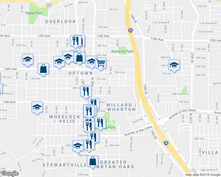 map of restaurants, bars, coffee shops, grocery stores, and more near 1813 18th Street in Moline