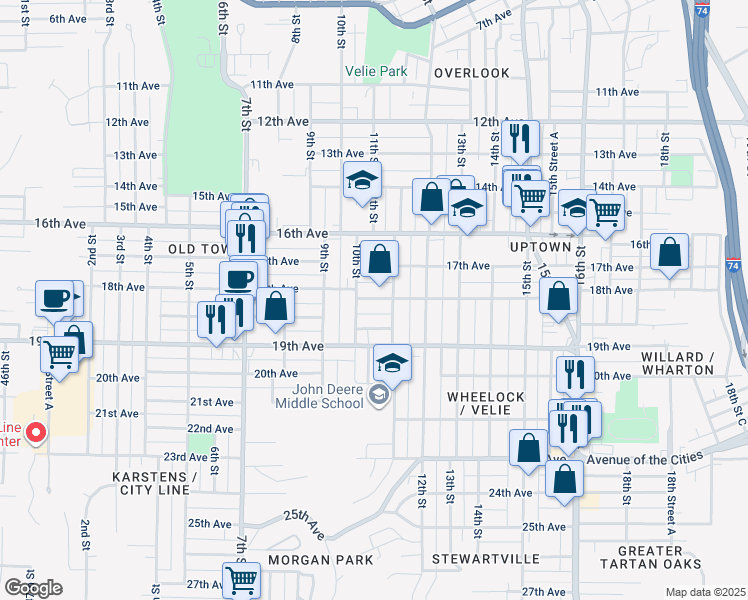 map of restaurants, bars, coffee shops, grocery stores, and more near 1024 18th Avenue in Moline