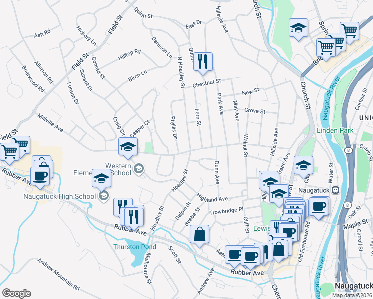 map of restaurants, bars, coffee shops, grocery stores, and more near 315 Millville Avenue in Naugatuck