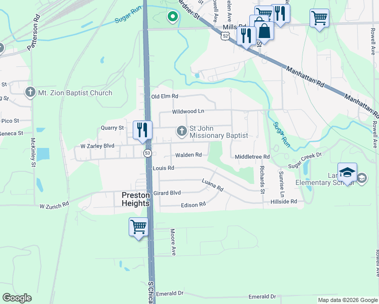 map of restaurants, bars, coffee shops, grocery stores, and more near 110 Walden Road in Joliet