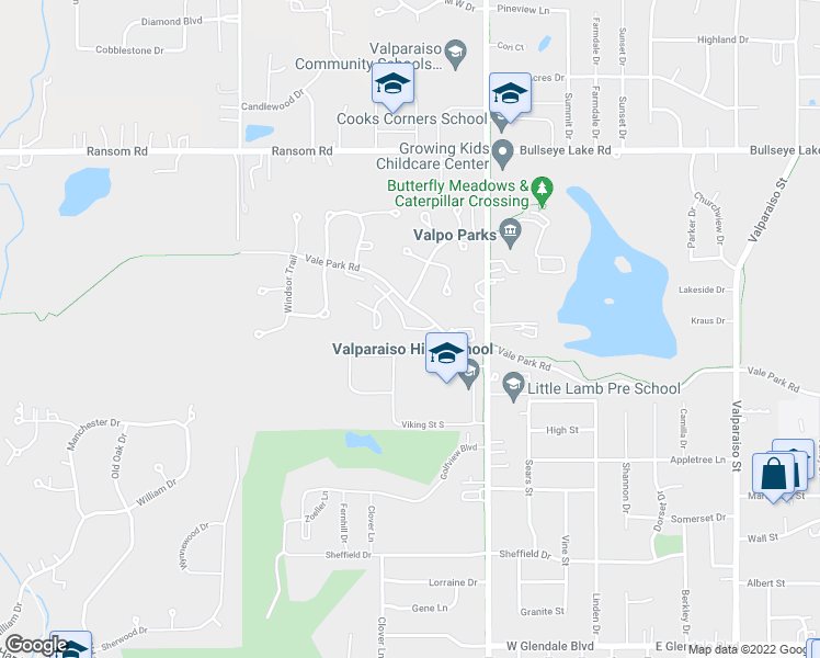 map of restaurants, bars, coffee shops, grocery stores, and more near 673 Forest Glen in Valparaiso