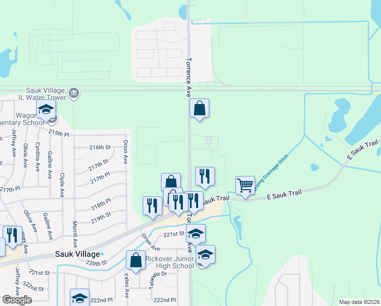map of restaurants, bars, coffee shops, grocery stores, and more near 21709 Torrence Avenue in Sauk Village