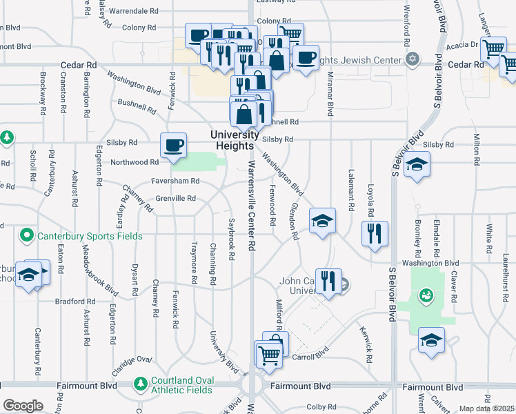 map of restaurants, bars, coffee shops, grocery stores, and more near 2386 Fenwood Road in University Heights
