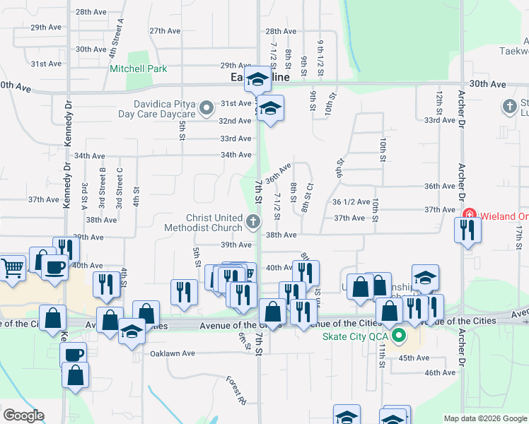 map of restaurants, bars, coffee shops, grocery stores, and more near 3652 7th Street in East Moline