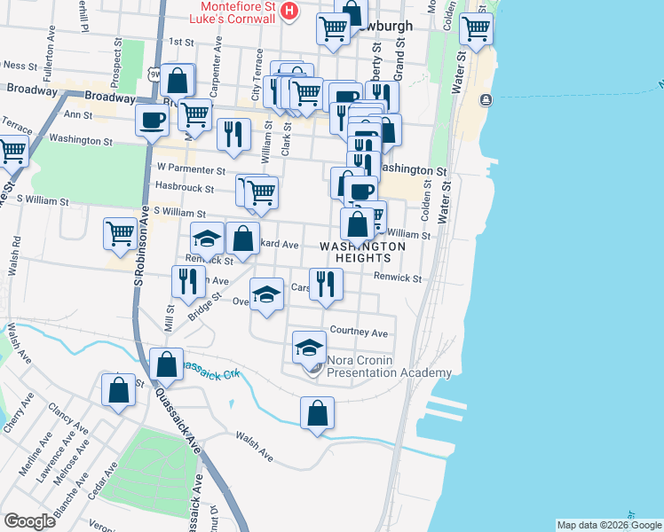 map of restaurants, bars, coffee shops, grocery stores, and more near 120 Renwick Street in Newburgh
