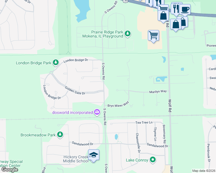 map of restaurants, bars, coffee shops, grocery stores, and more near 21707 South Owens Road in Mokena