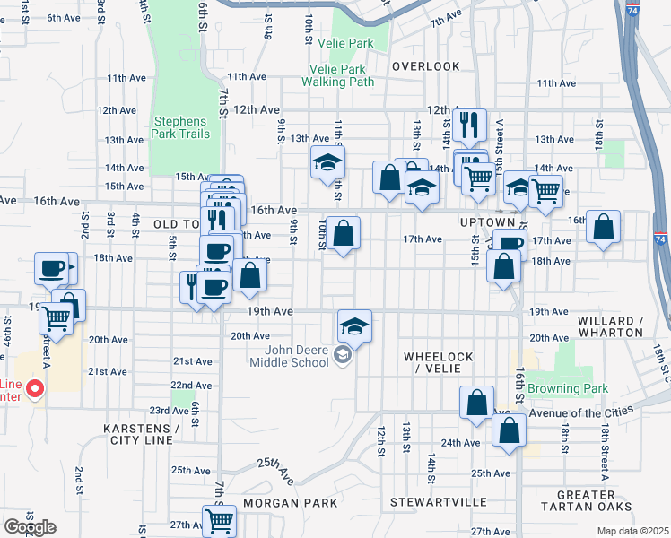 map of restaurants, bars, coffee shops, grocery stores, and more near 1024 18th Avenue in Moline