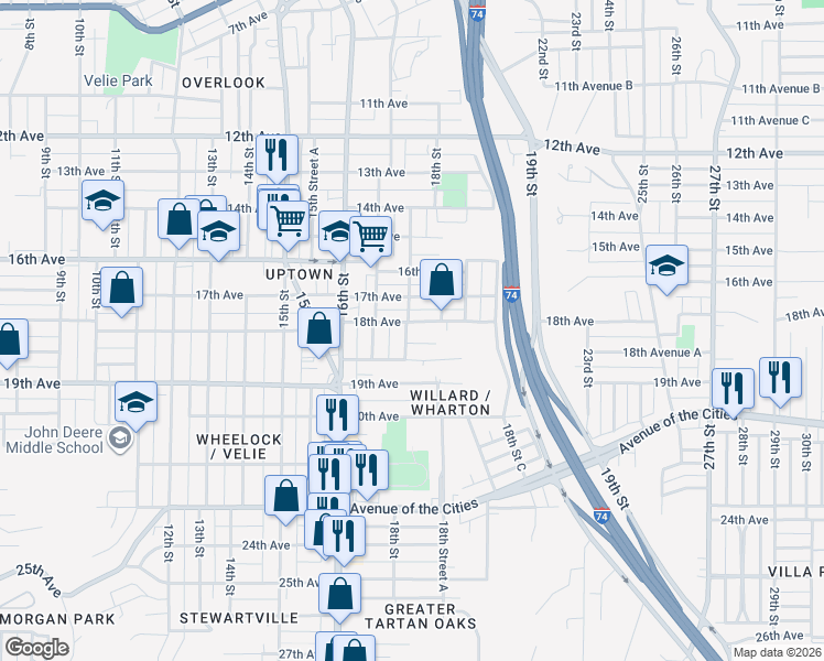 map of restaurants, bars, coffee shops, grocery stores, and more near 1802 18th Avenue in Moline