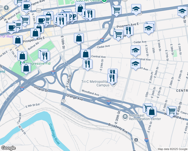 map of restaurants, bars, coffee shops, grocery stores, and more near 2250 Community College Avenue in Cleveland