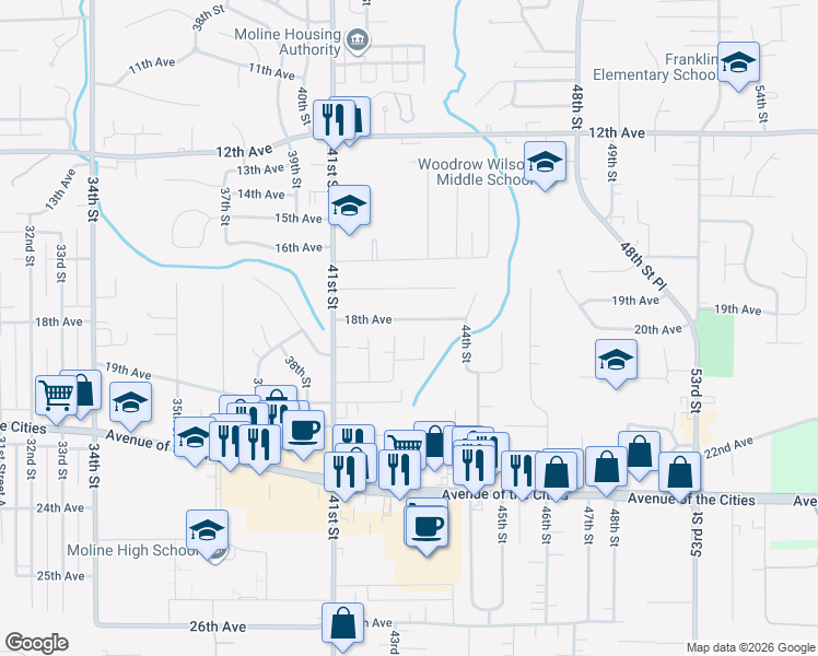 map of restaurants, bars, coffee shops, grocery stores, and more near 1814 43rd Street in Moline