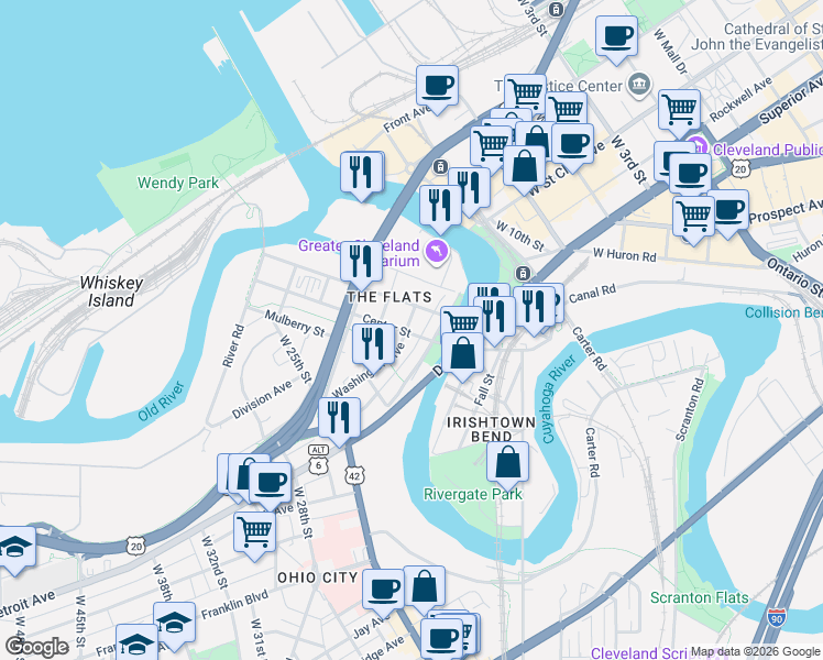 map of restaurants, bars, coffee shops, grocery stores, and more near 2019 Center Street in Cleveland